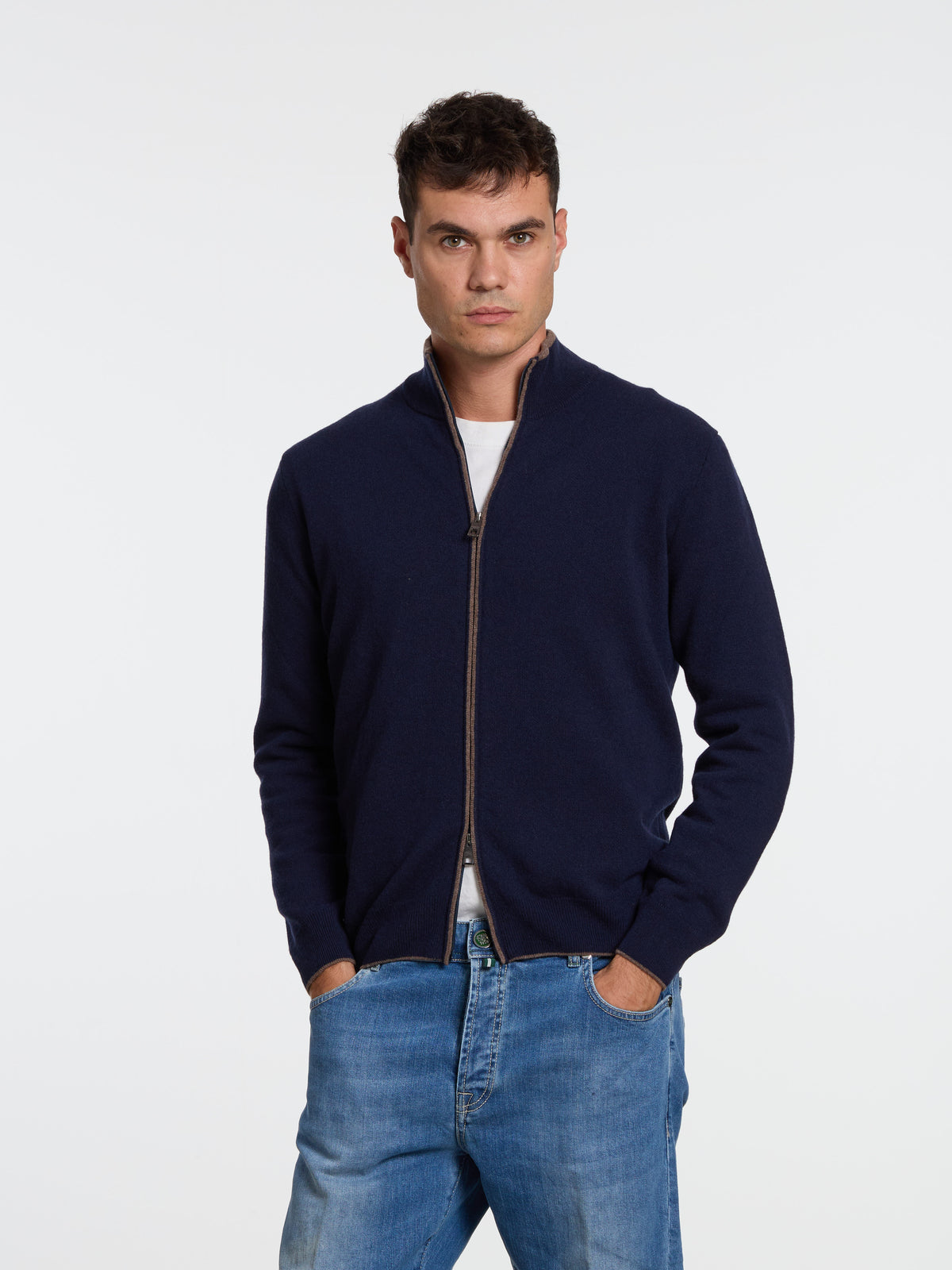 CONTRASTING WOOL BLEND ZIP-UP SWEATER - BLUE
