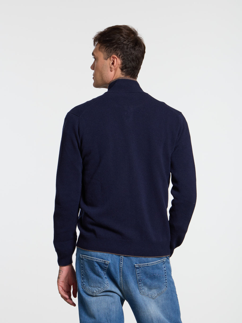 CONTRASTING WOOL BLEND ZIP-UP SWEATER - BLUE