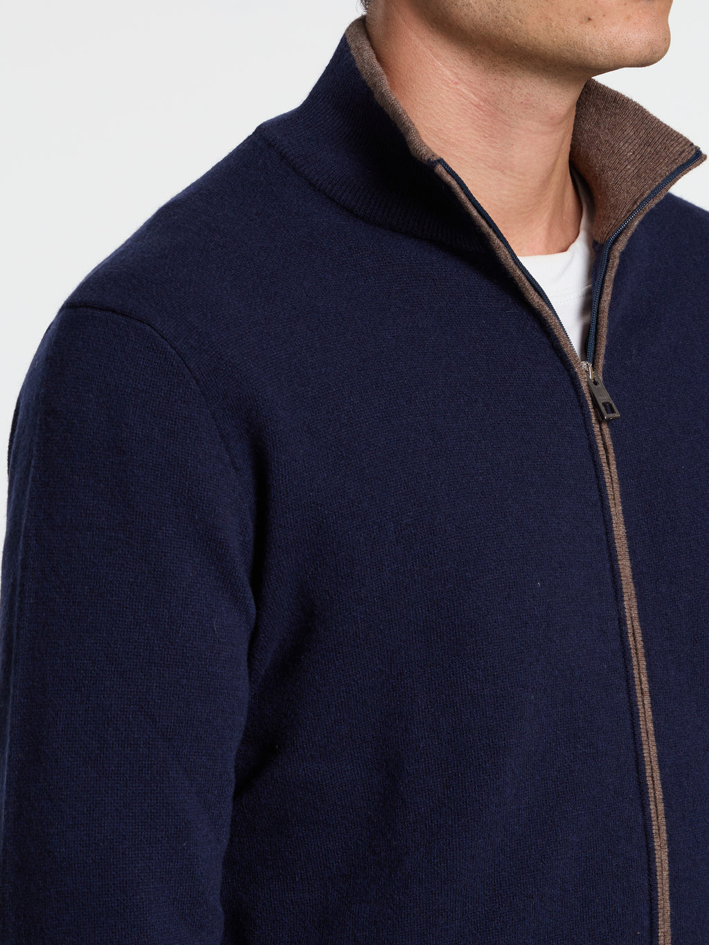 CONTRASTING WOOL BLEND ZIP-UP SWEATER - BLUE
