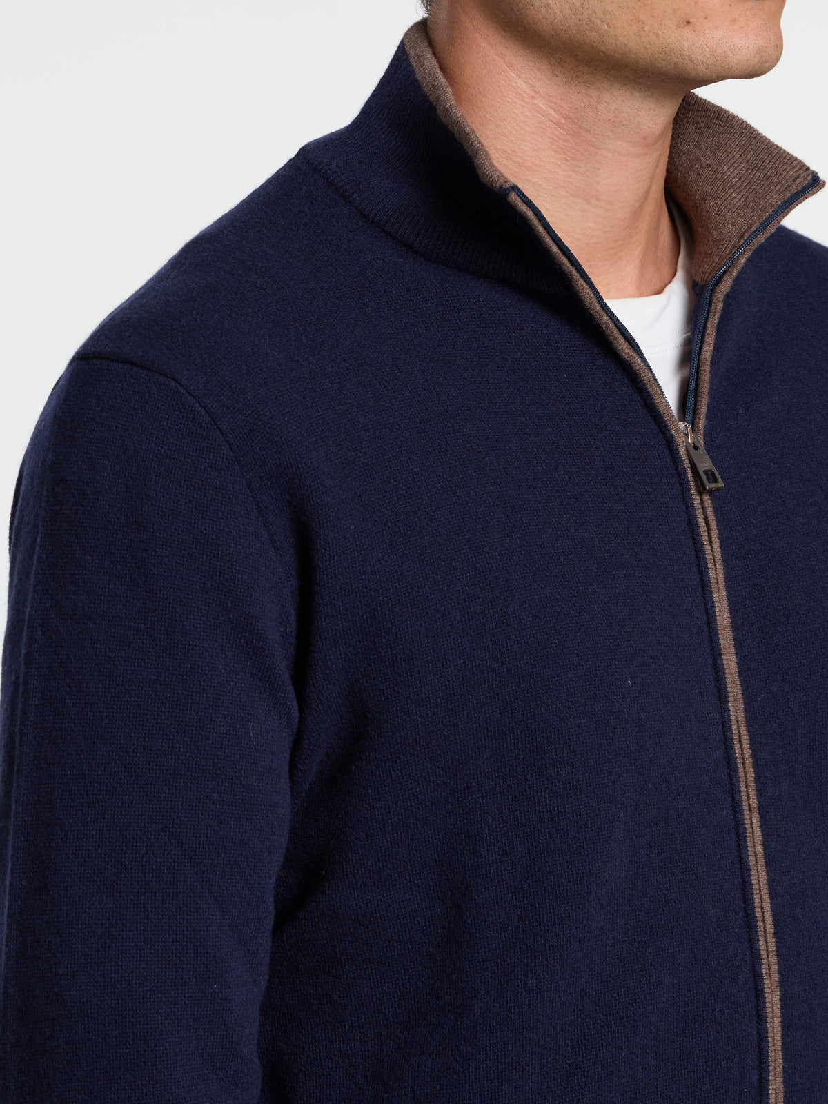 CONTRASTING WOOL BLEND ZIP-UP SWEATER - BLUE