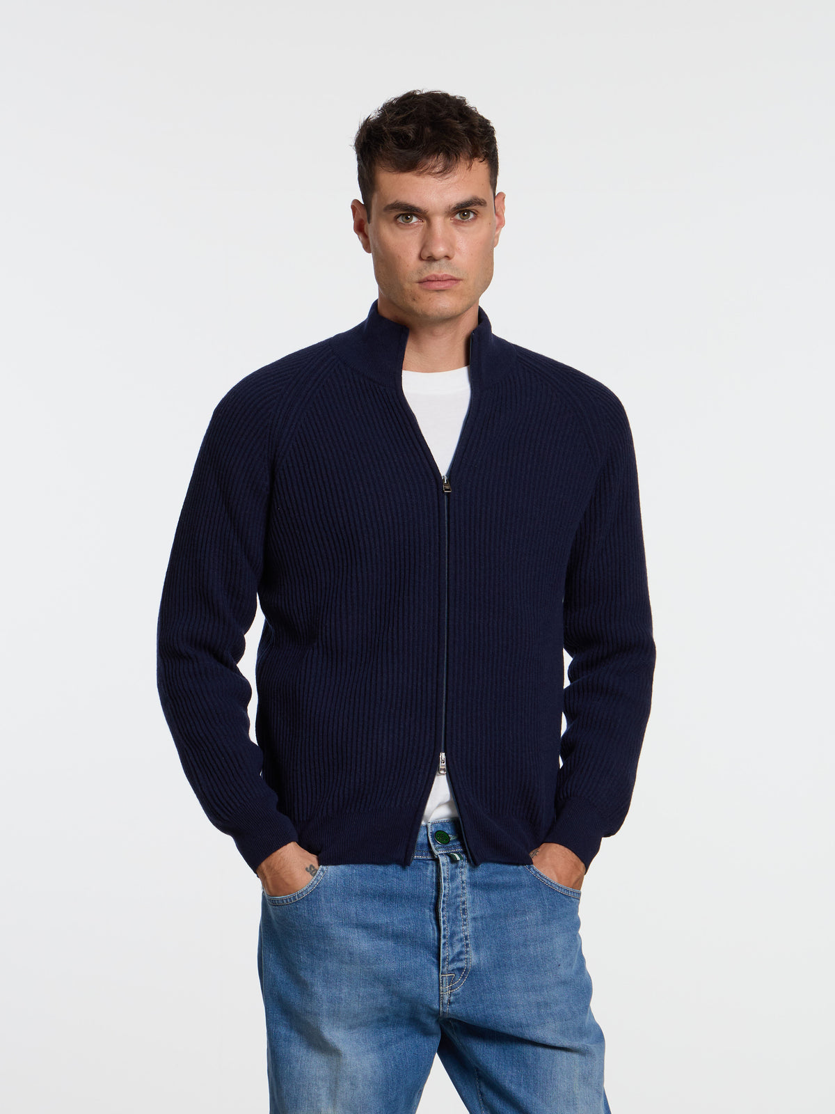 ENGLISH RIB WOOL BLEND ZIP-UP SWEATER - BLUE NAVY