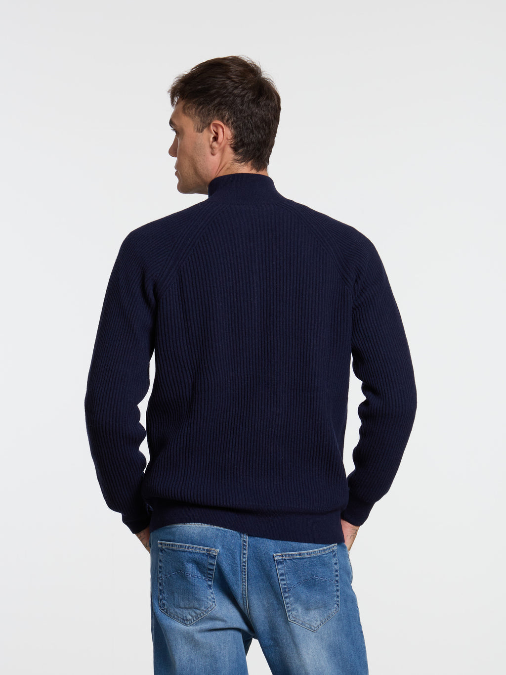 ENGLISH RIB WOOL BLEND ZIP-UP SWEATER - BLUE NAVY