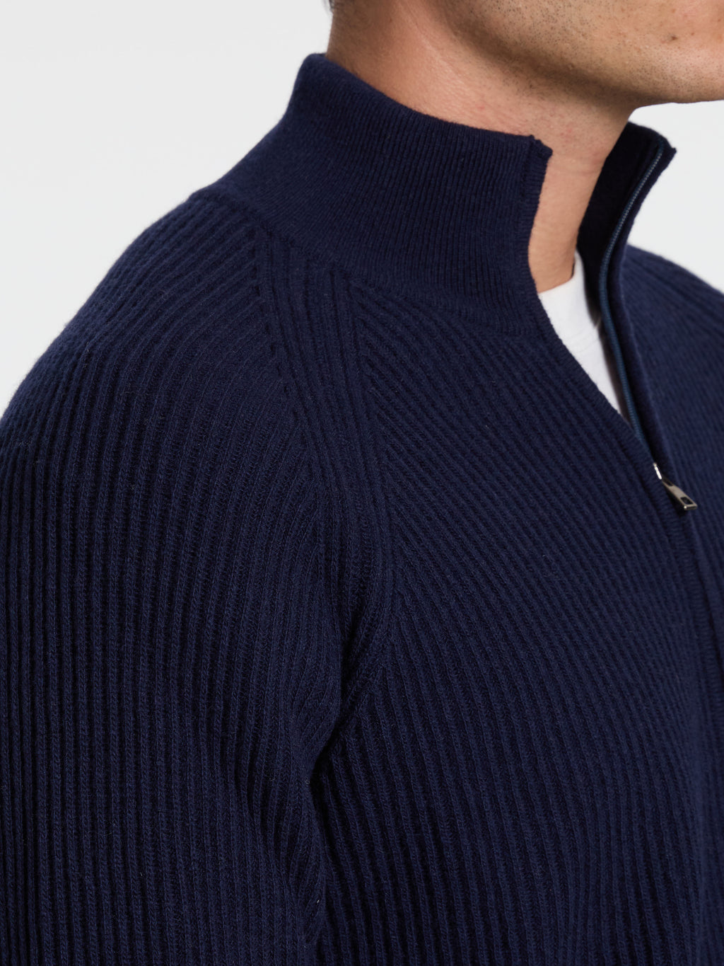 ENGLISH RIB WOOL BLEND ZIP-UP SWEATER - BLUE NAVY