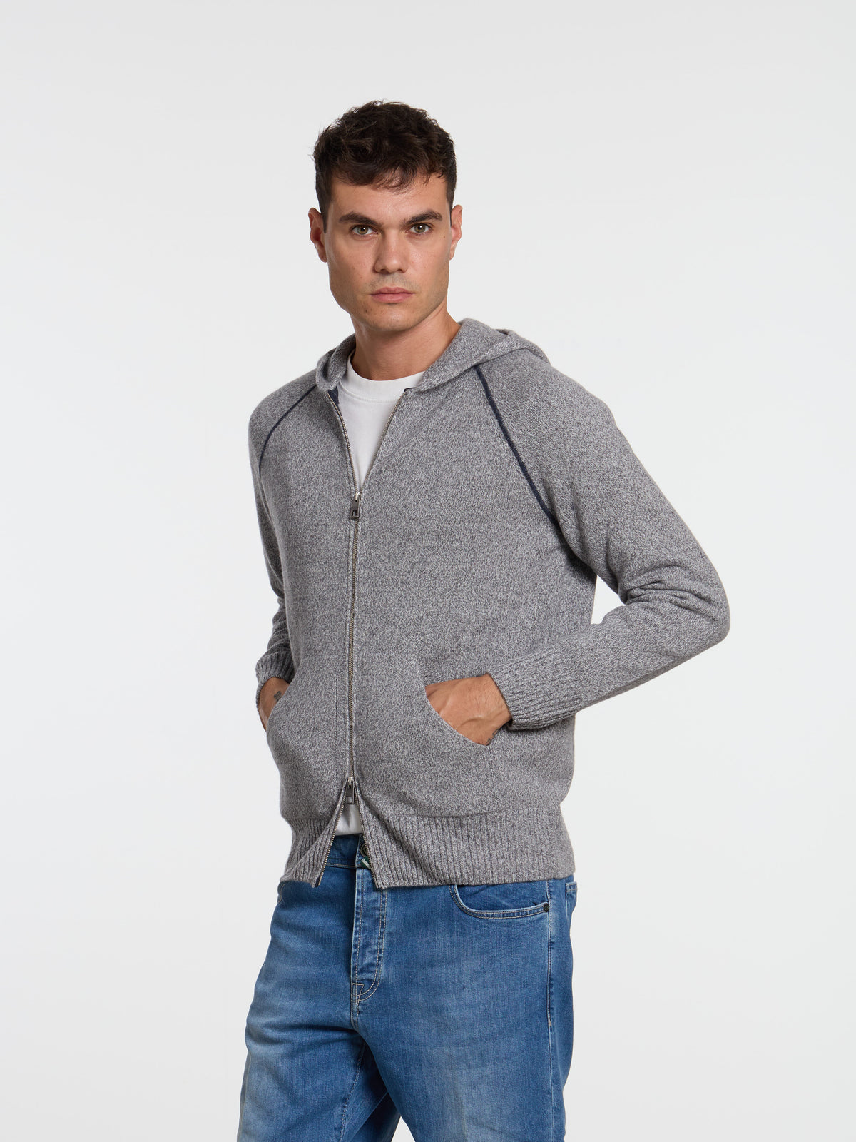 RAGLAN WOOL BLEND ZIP-UP HOODED SWEATER - GREY