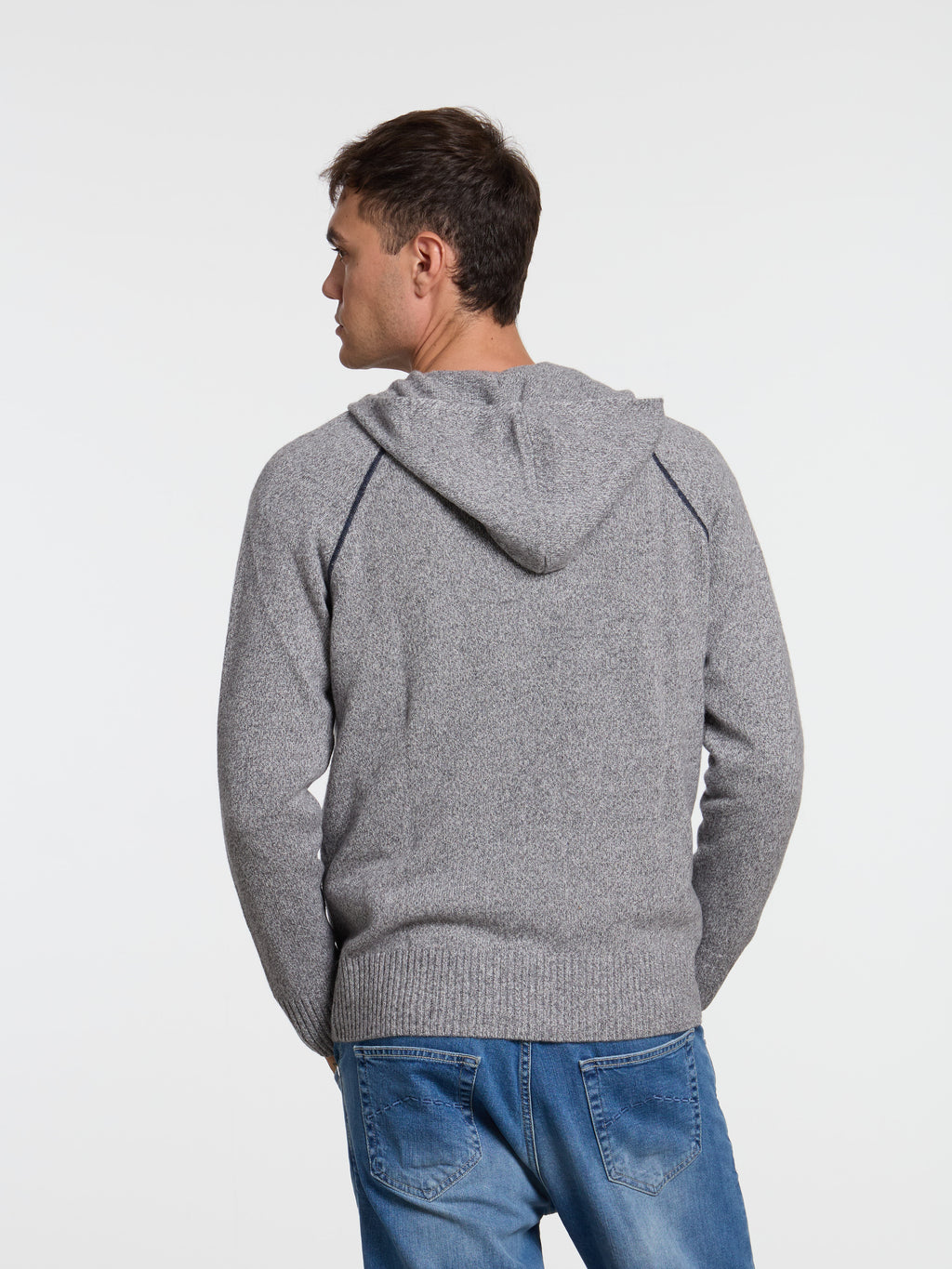 RAGLAN WOOL BLEND ZIP-UP HOODED SWEATER - GREY