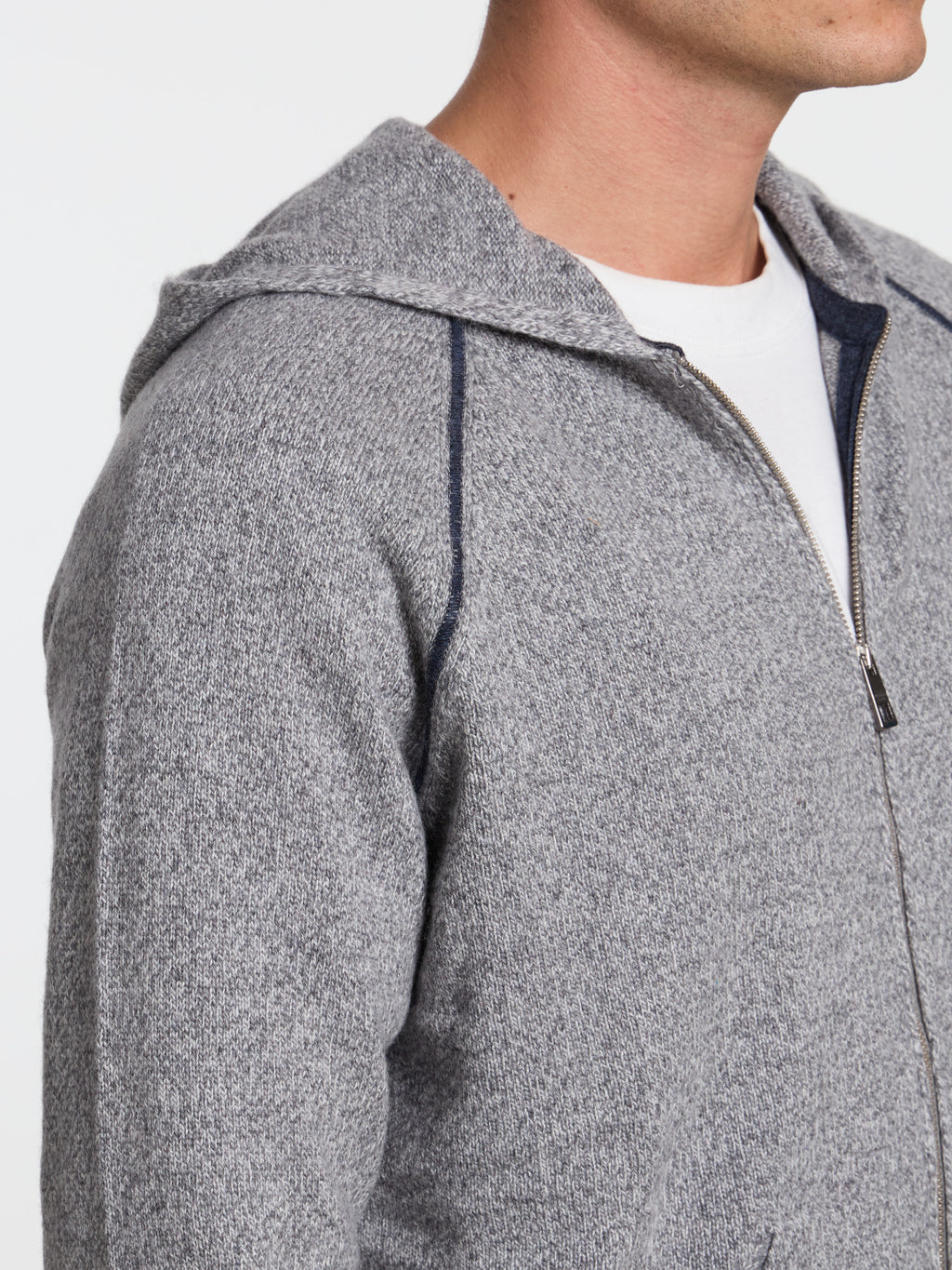 RAGLAN WOOL BLEND ZIP-UP HOODED SWEATER - GREY
