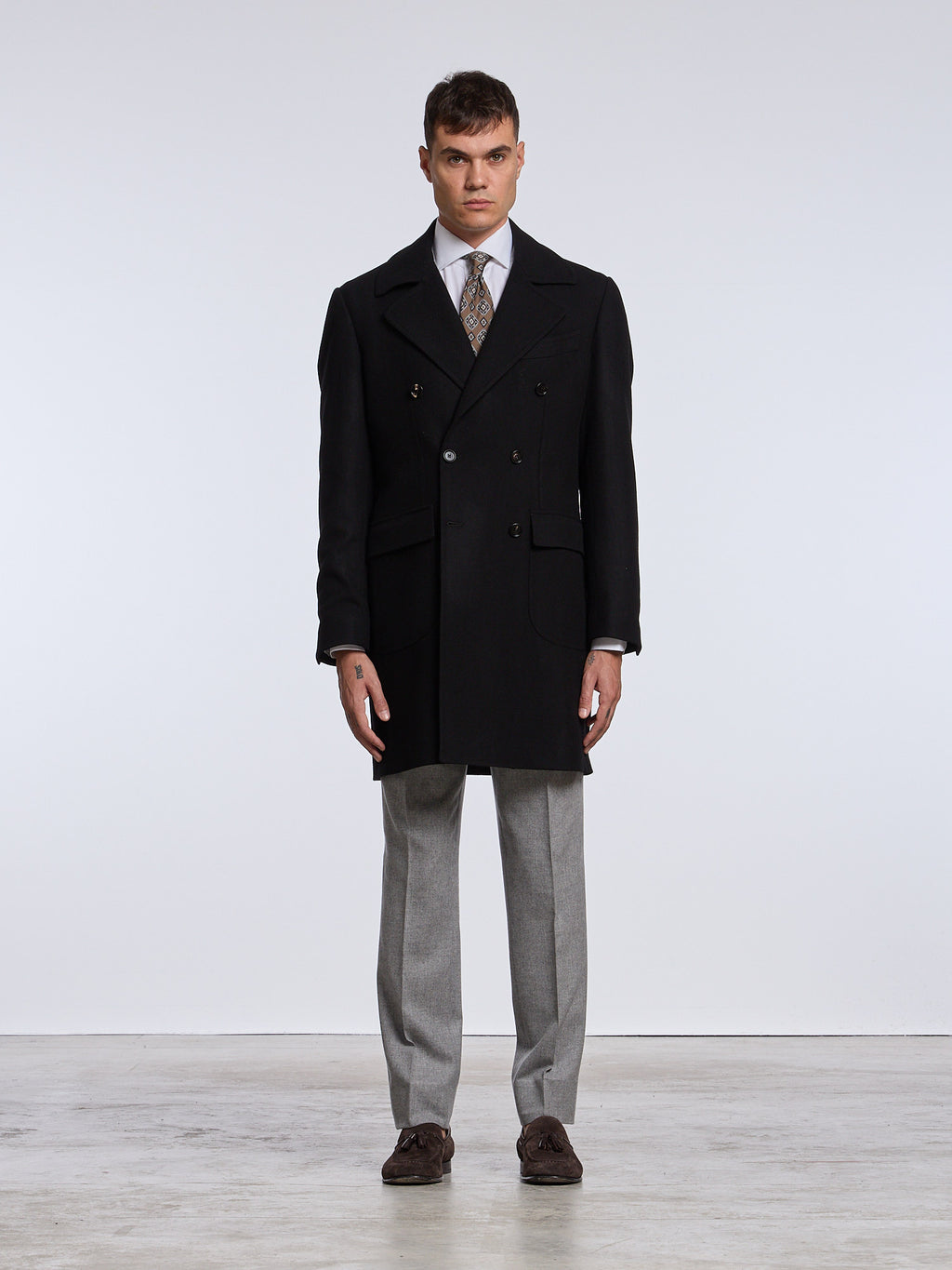 DOUBLE-BREASTED WOOL/CASHMERE COAT - DARK BLUE