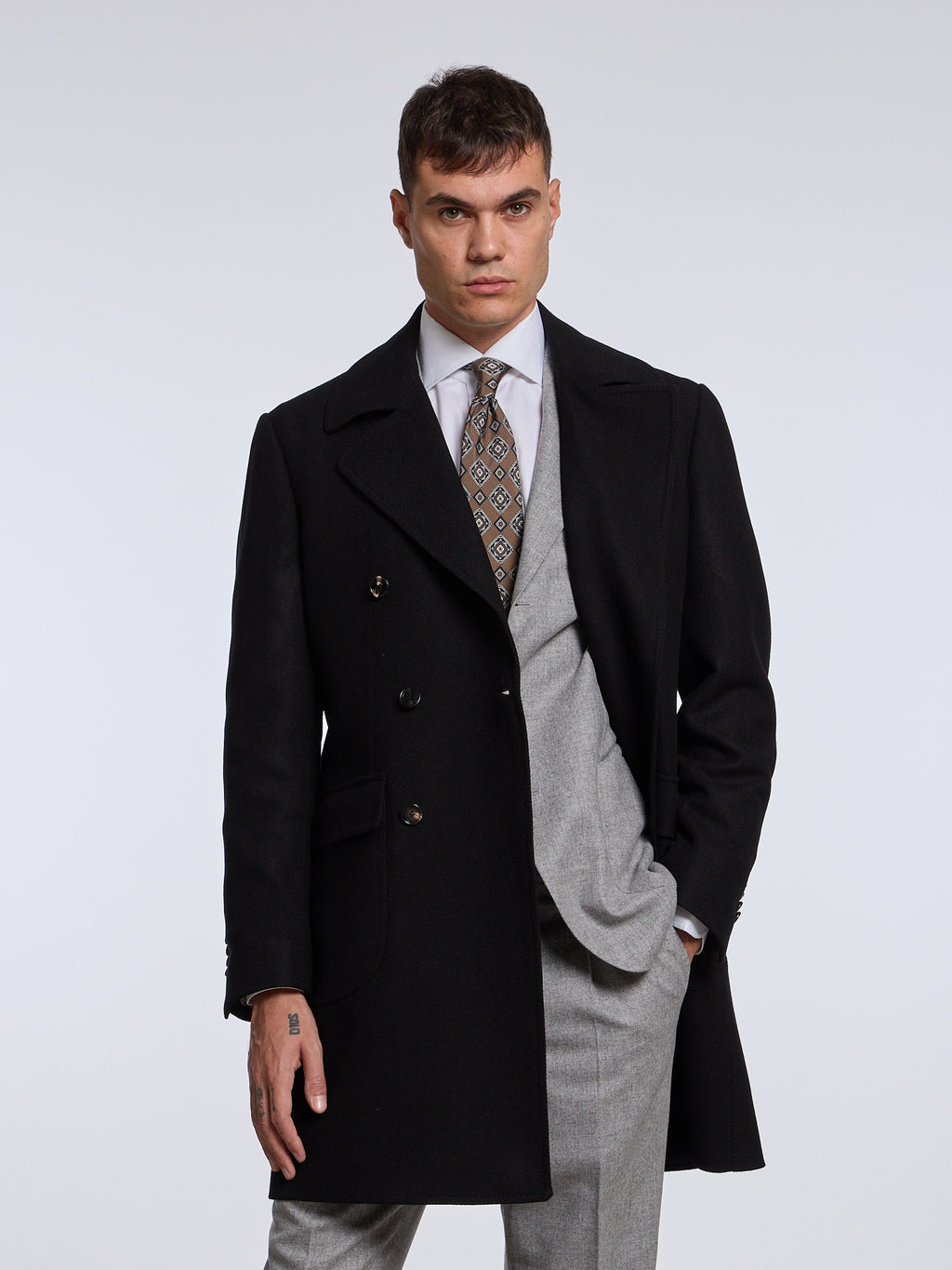 DOUBLE-BREASTED WOOL/CASHMERE COAT - DARK BLUE