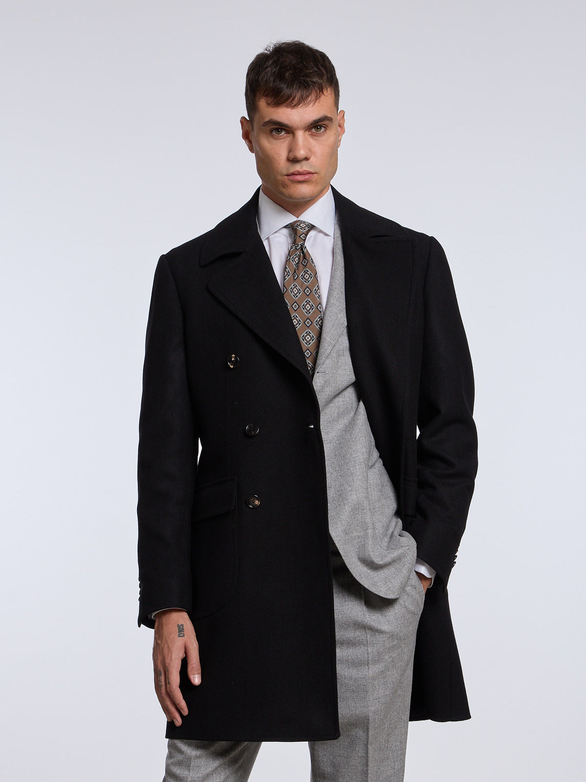 DOUBLE-BREASTED WOOL/CASHMERE COAT - DARK BLUE
