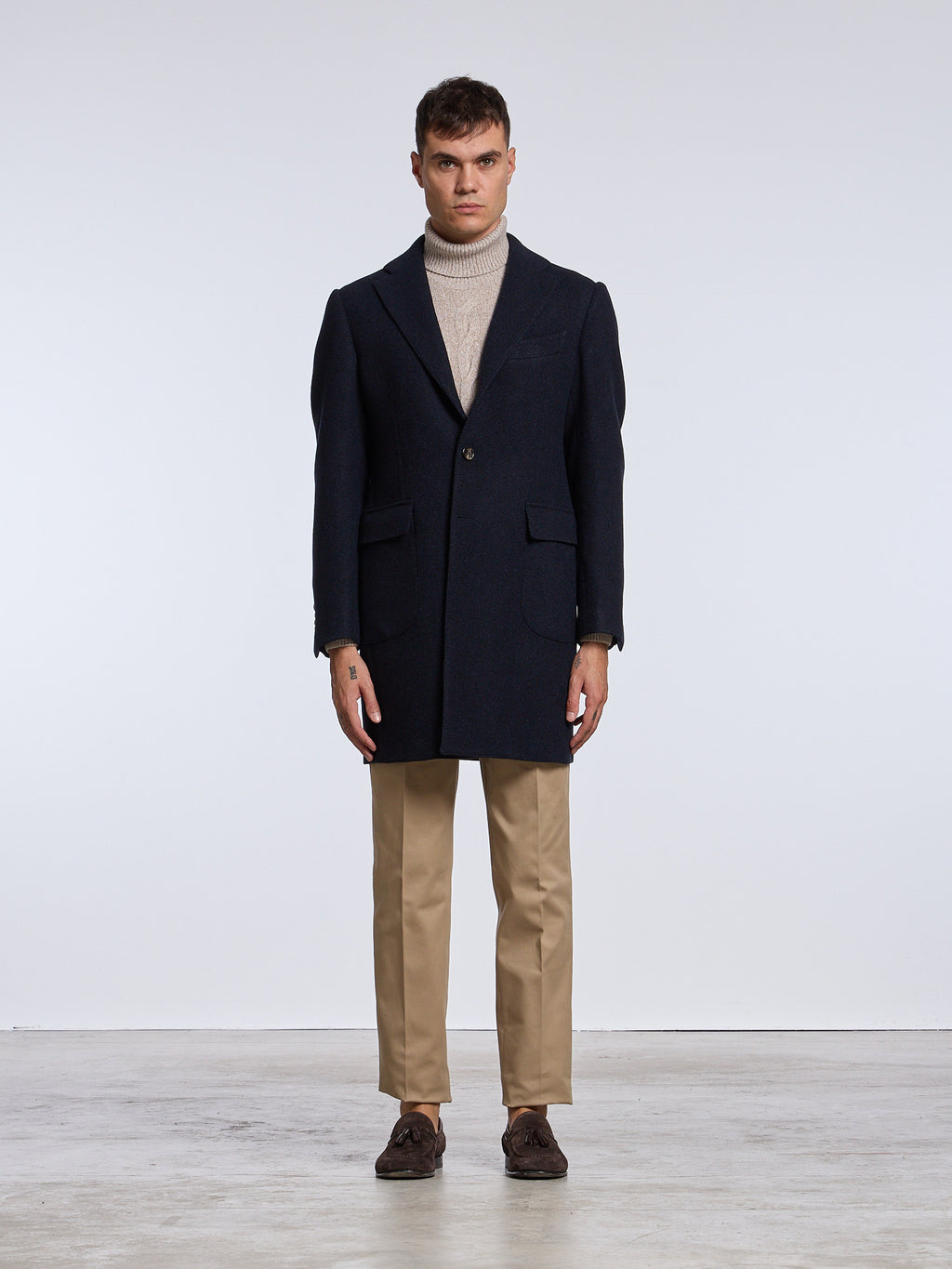 "TORINO" SINGLE-BREASTED DIAGONAL WOOL/CASHMERE COAT - BLUE