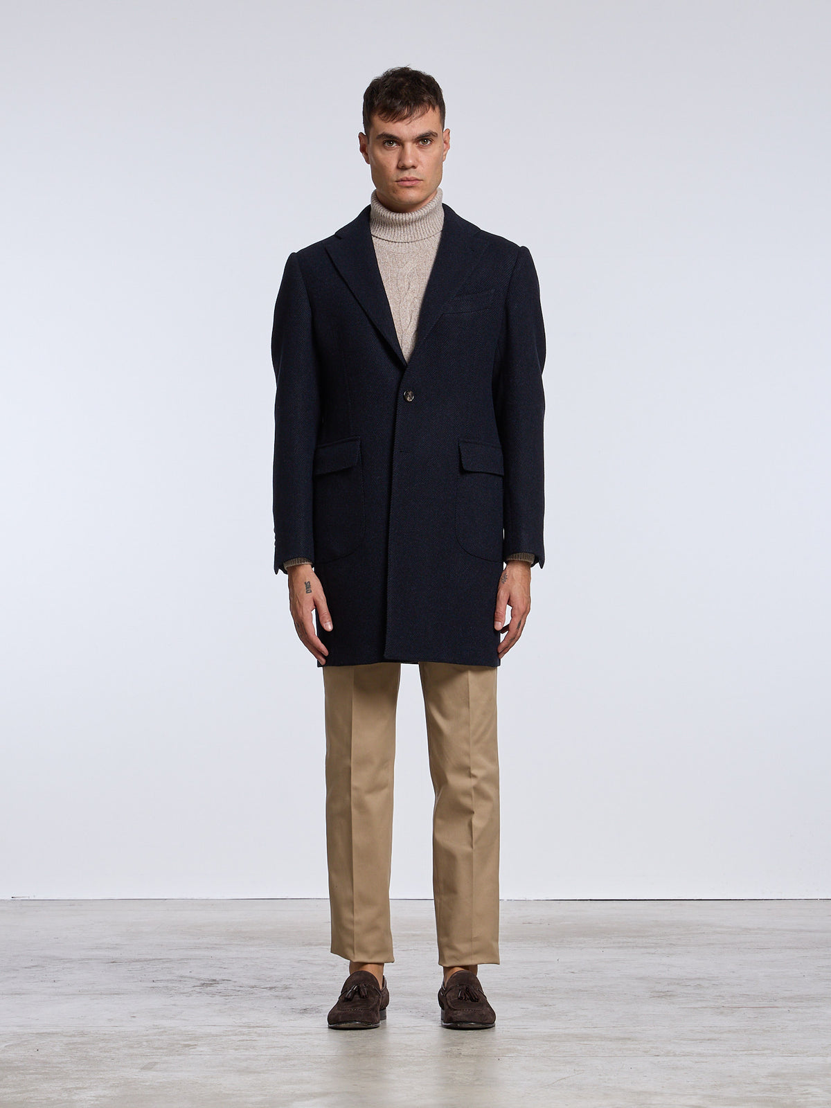 "TORINO" SINGLE-BREASTED DIAGONAL WOOL/CASHMERE COAT - BLUE