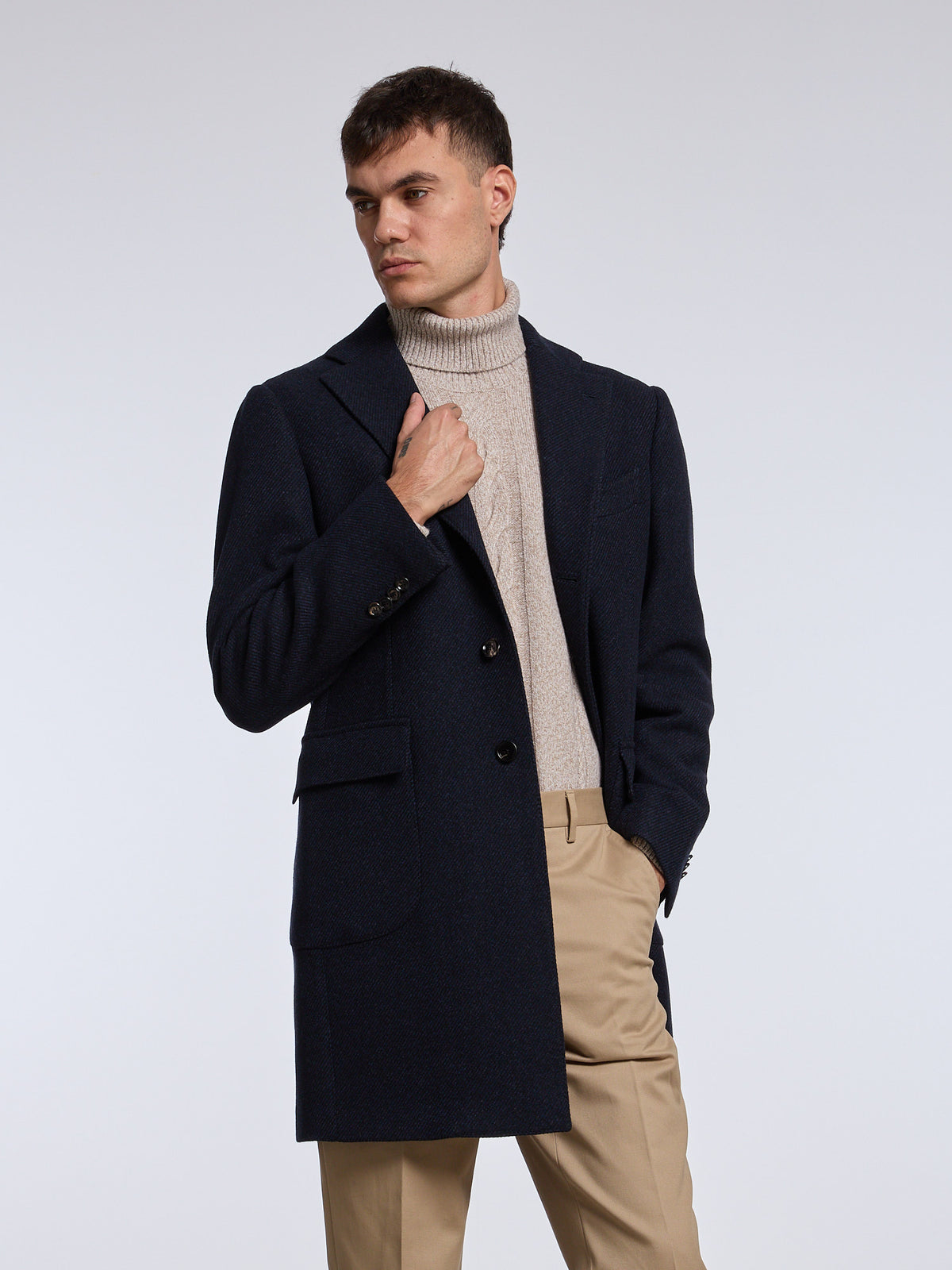 "TORINO" SINGLE-BREASTED DIAGONAL WOOL/CASHMERE COAT - BLUE