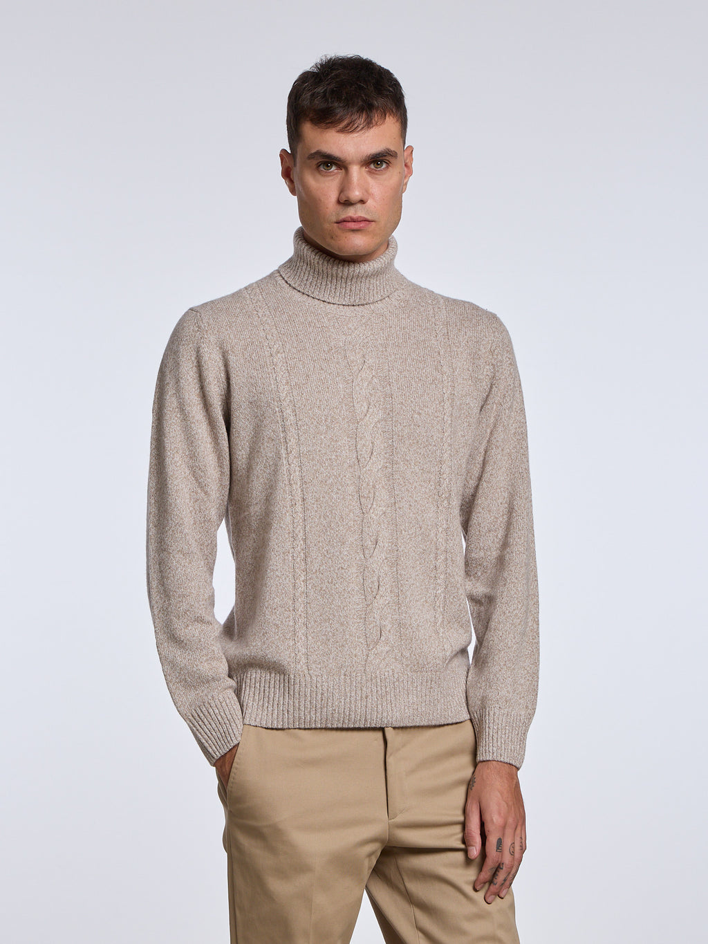 WOOL BLEND CABLE TURTLENECK - BEIGE