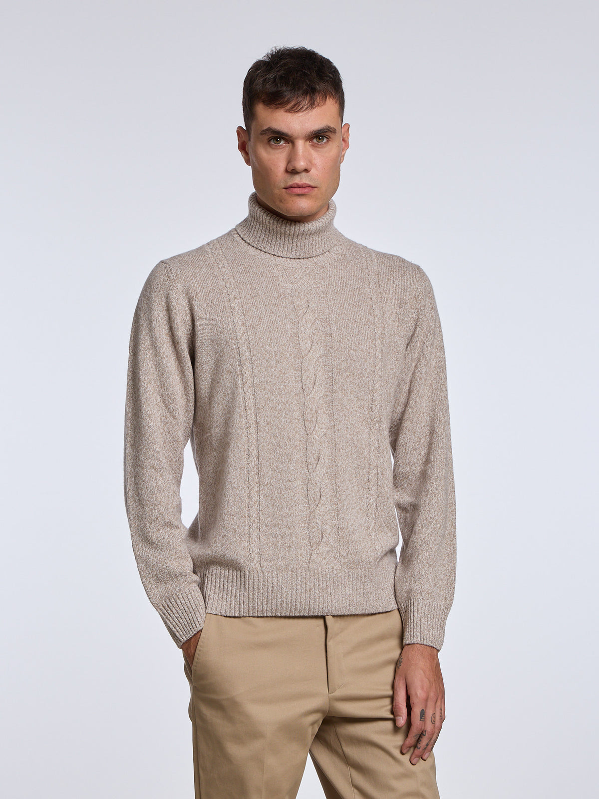 WOOL BLEND CABLE TURTLENECK - BEIGE