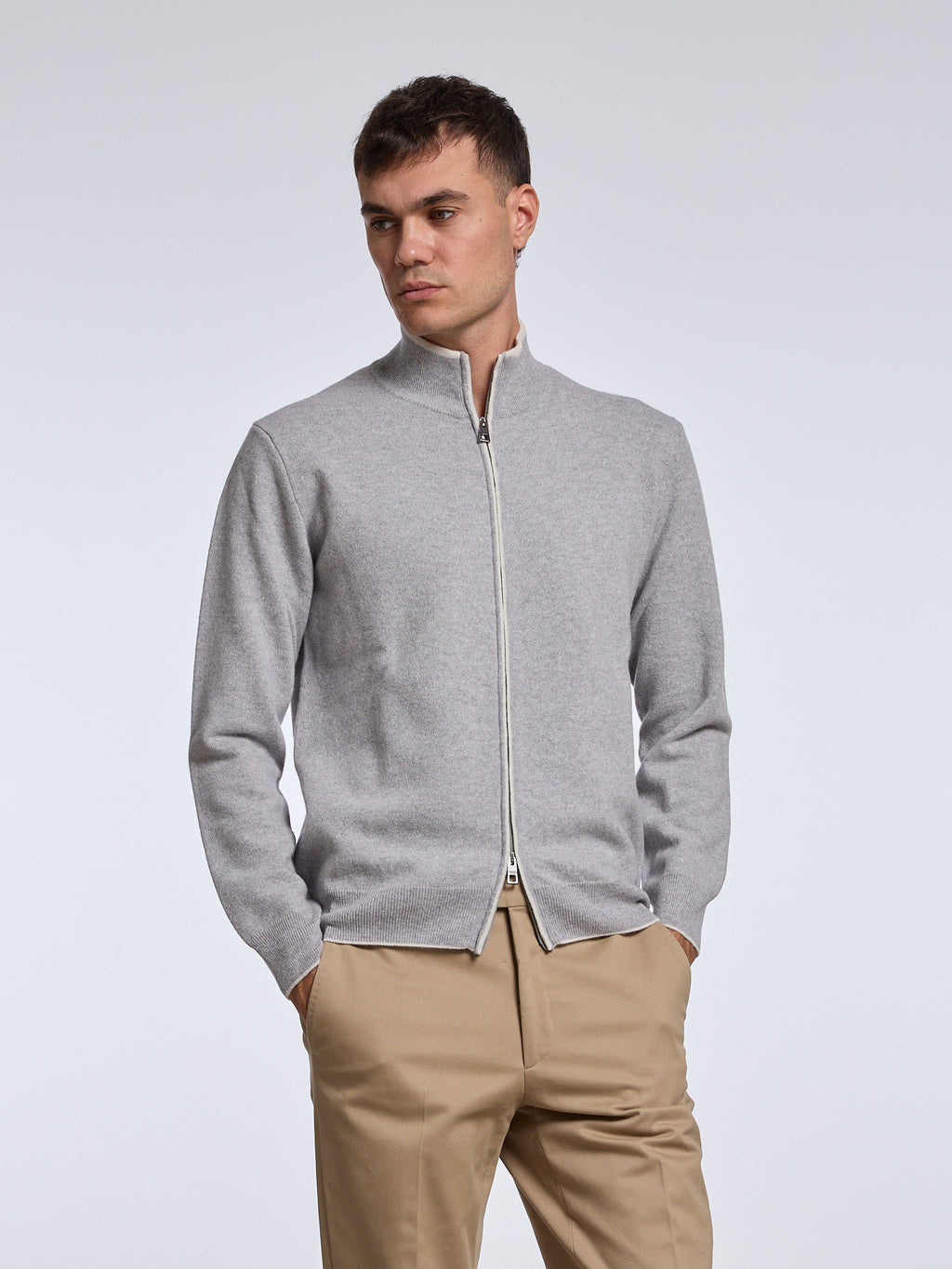 CONTRASTING WOOL BLEND ZIP-UP SWEATER - LIGHT GREY