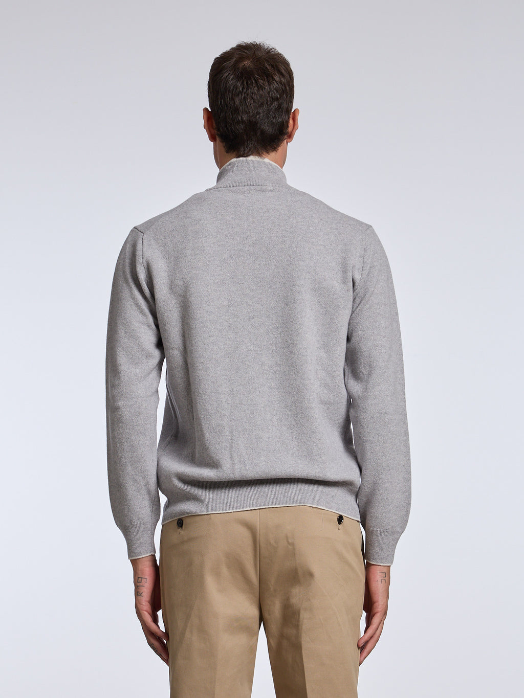 CONTRASTING WOOL BLEND ZIP-UP SWEATER - LIGHT GREY