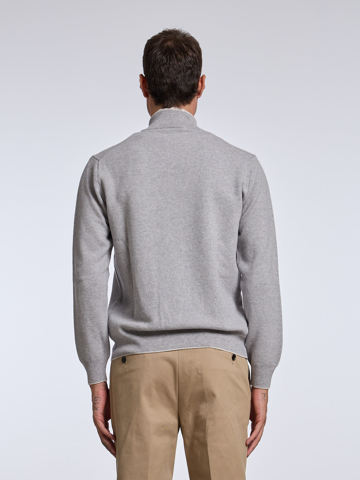 CONTRASTING WOOL BLEND ZIP-UP SWEATER - LIGHT GREY