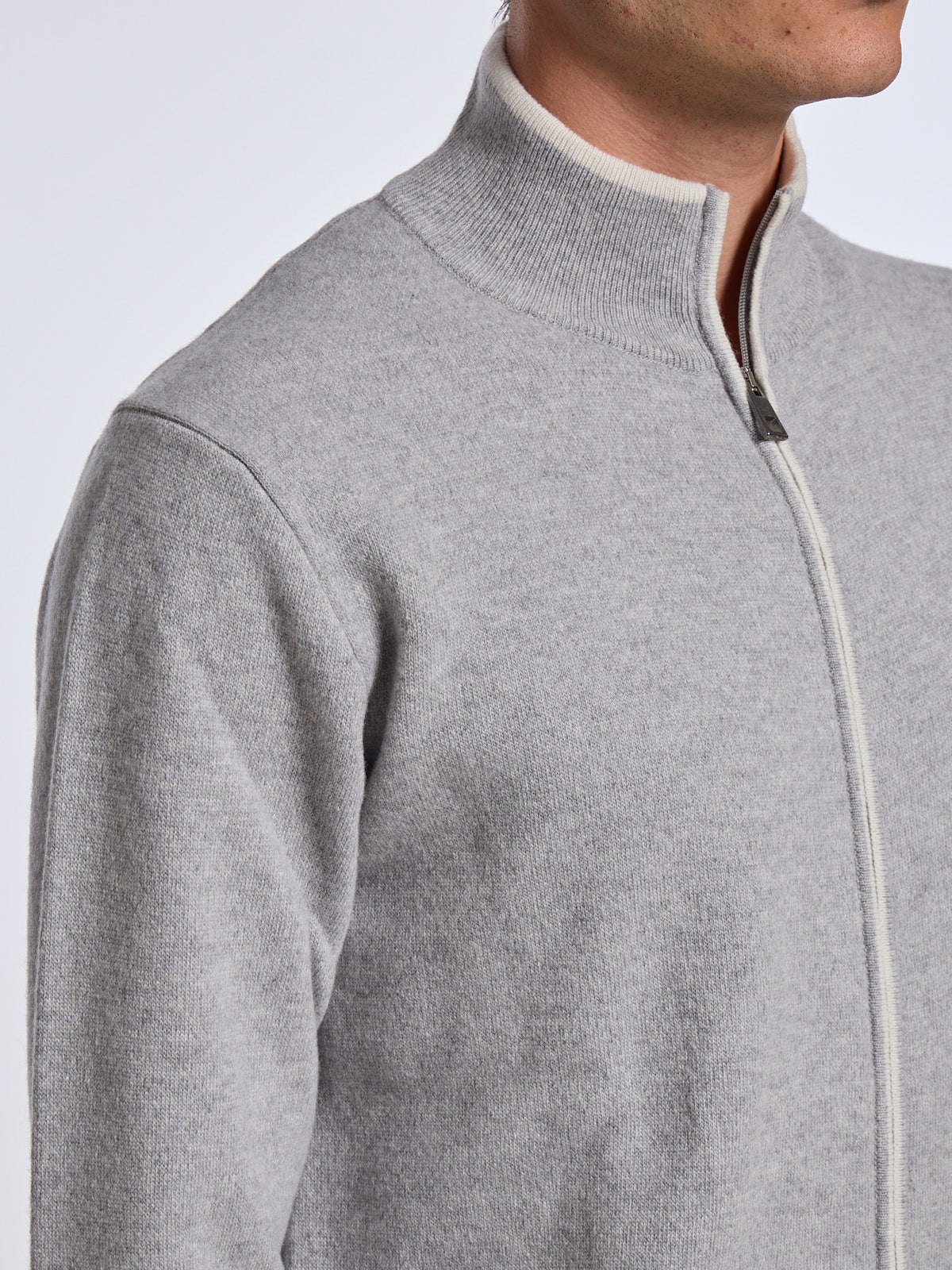 CONTRASTING WOOL BLEND ZIP-UP SWEATER - LIGHT GREY