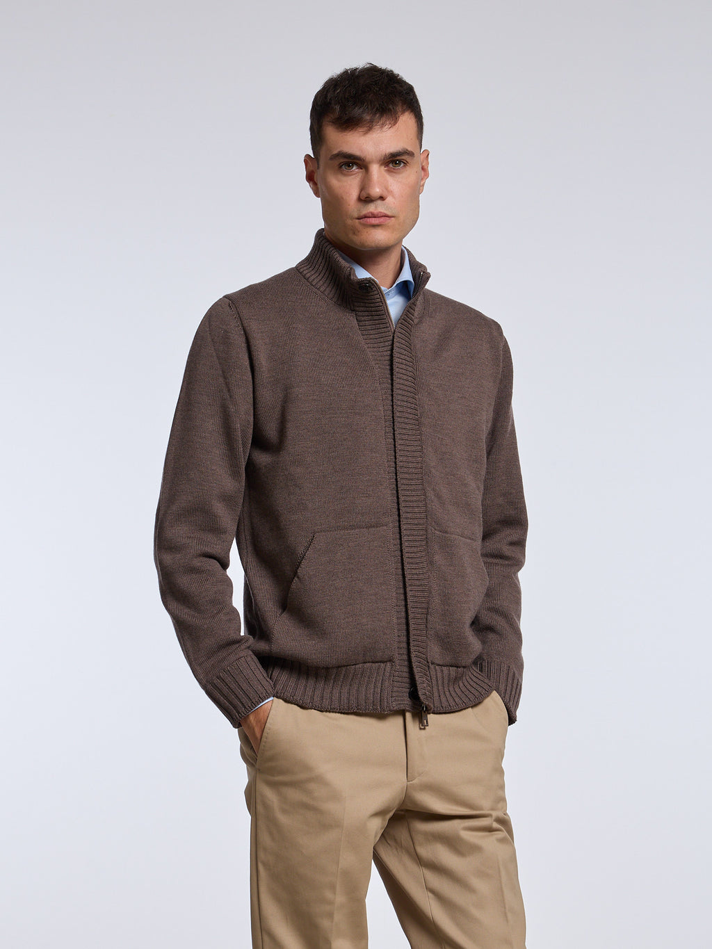 LINED WOOL BOMBER-STYLE SWEATER - MUD