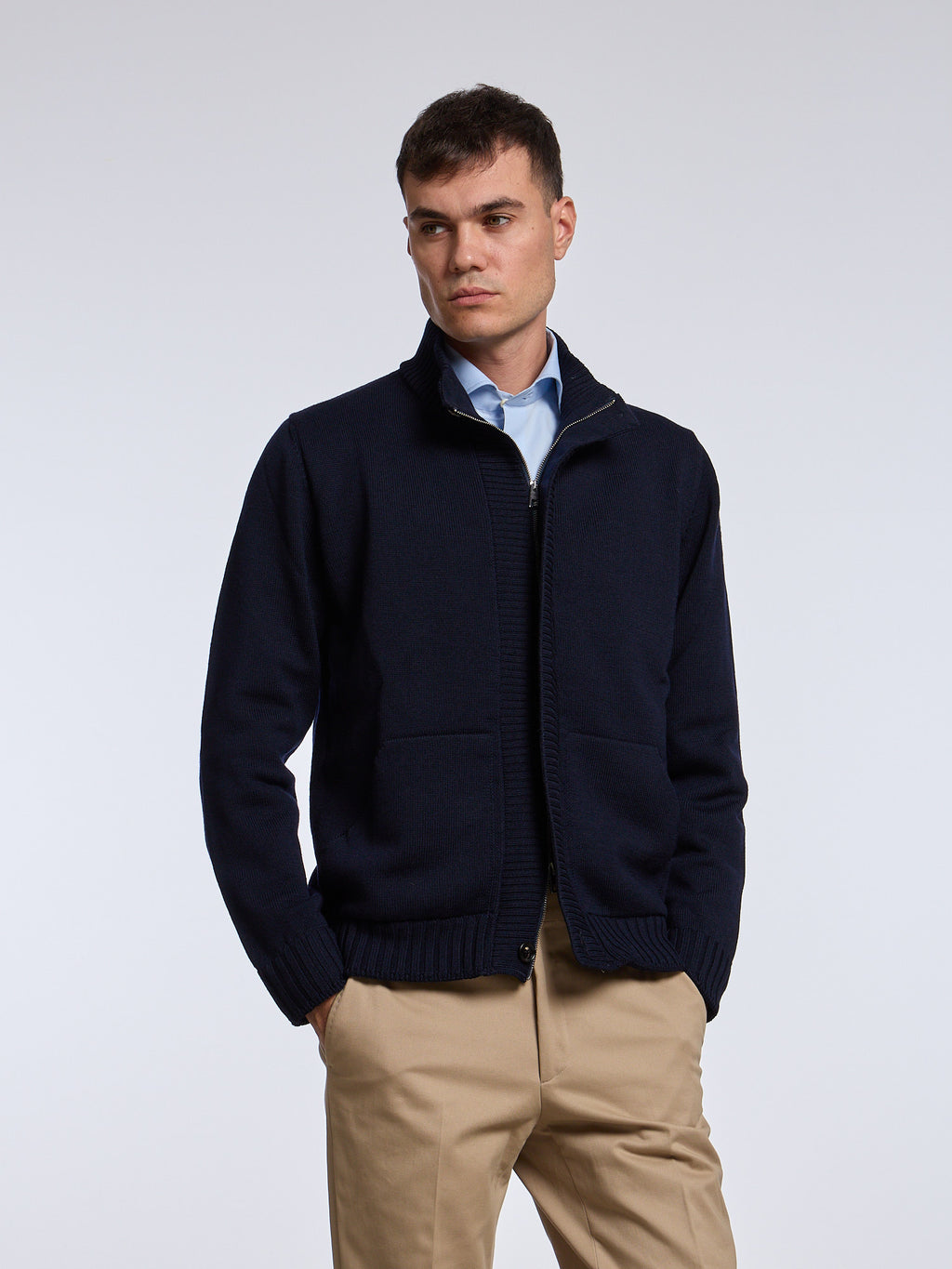 LINED WOOL BOMBER-STYLE SWEATER - BLUE NAVY