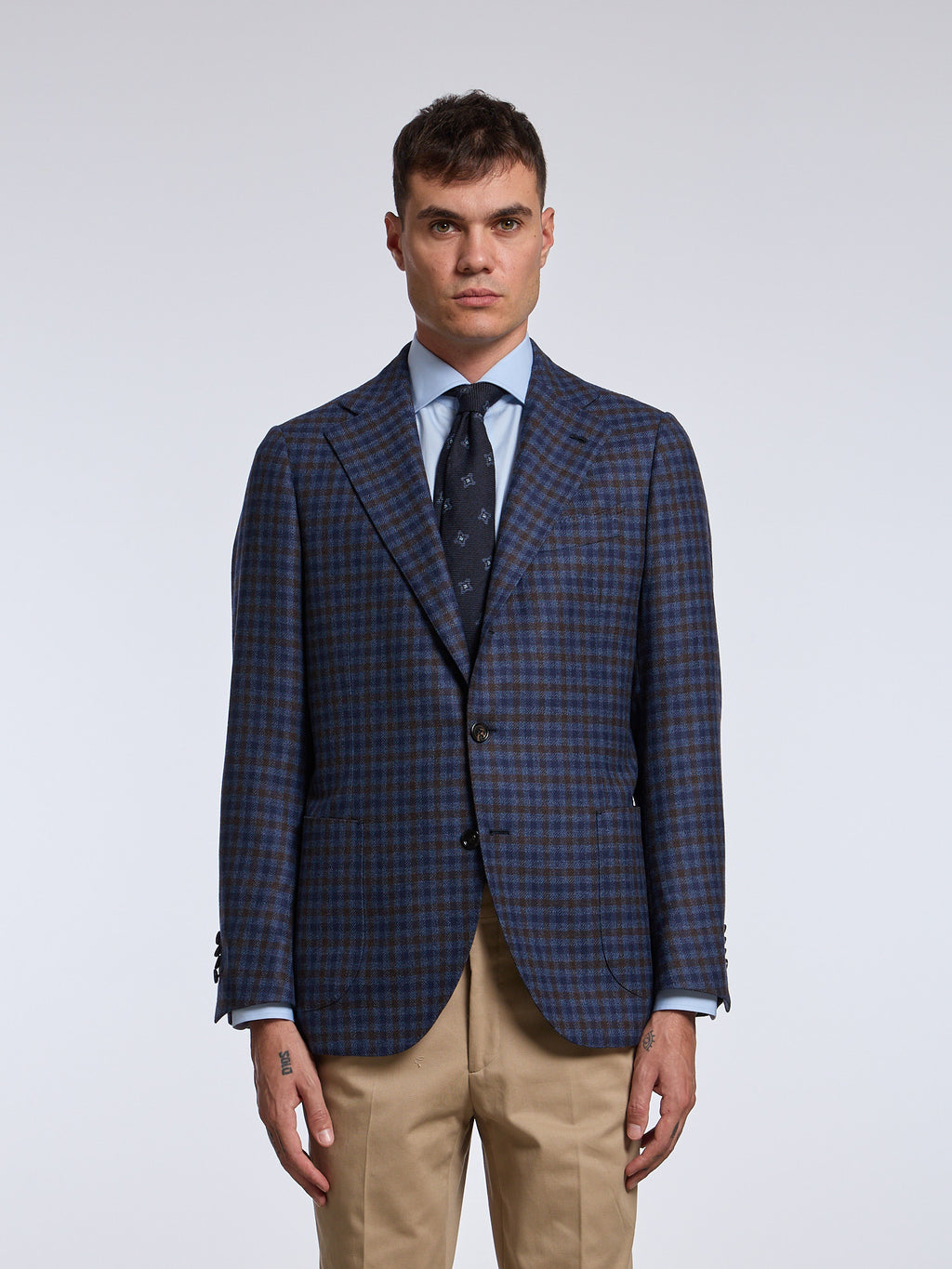 SINGLE-BREASTED CHECKED WOOL JACKET - BLUE/BROWN
