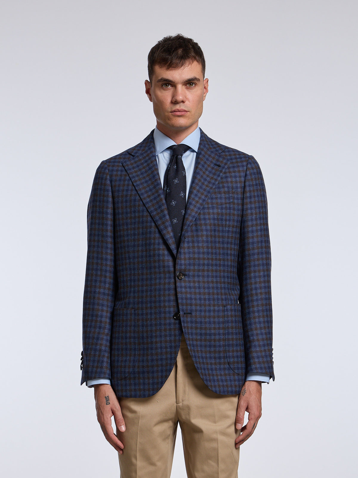 SINGLE-BREASTED CHECKED WOOL JACKET - BLUE/BROWN