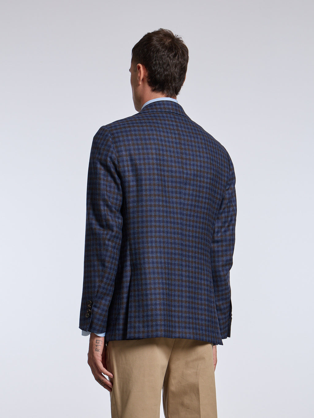 SINGLE-BREASTED CHECKED WOOL JACKET - BLUE/BROWN