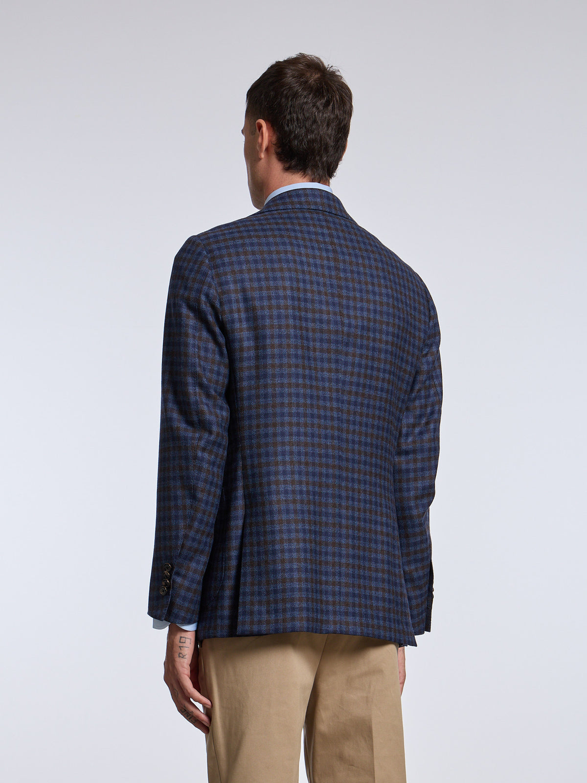 SINGLE-BREASTED CHECKED WOOL JACKET - BLUE/BROWN