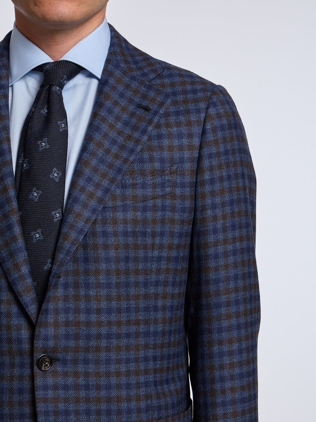 SINGLE-BREASTED CHECKED WOOL JACKET - BLUE/BROWN