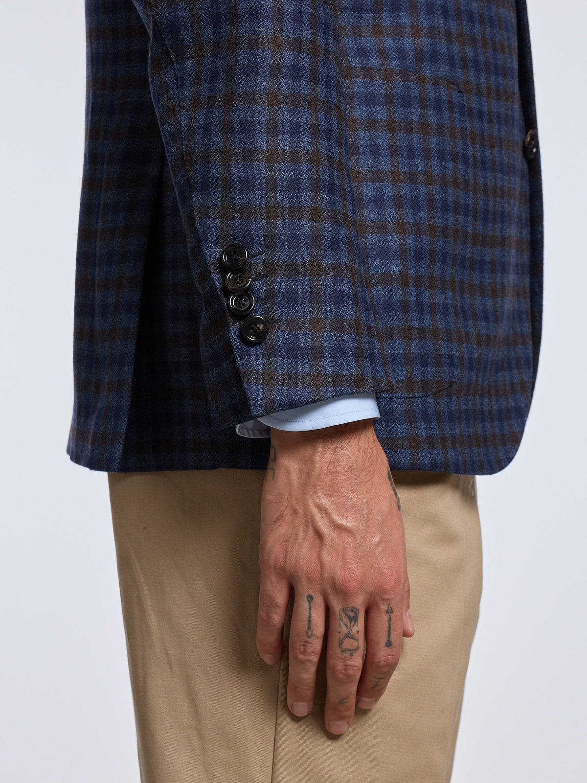 SINGLE-BREASTED CHECKED WOOL JACKET - BLUE/BROWN