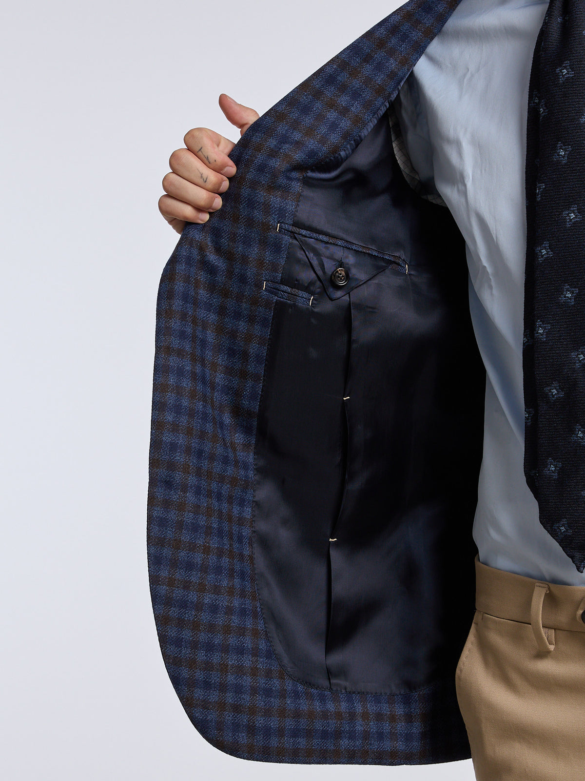 SINGLE-BREASTED CHECKED WOOL JACKET - BLUE/BROWN
