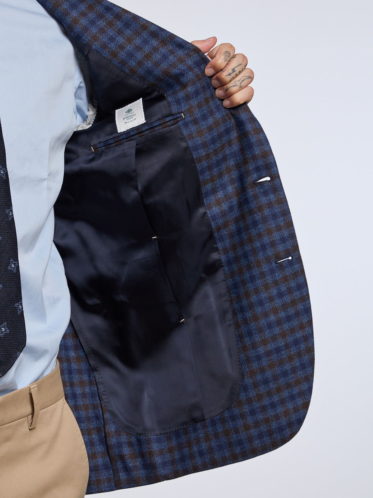 SINGLE-BREASTED CHECKED WOOL JACKET - BLUE/BROWN