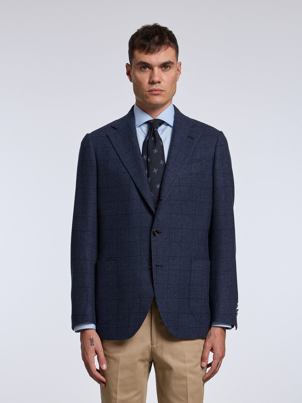 SINGLE-BREASTED "PRINCE OF WALES" WOOL/CASHMERE JACKET - BLUE
