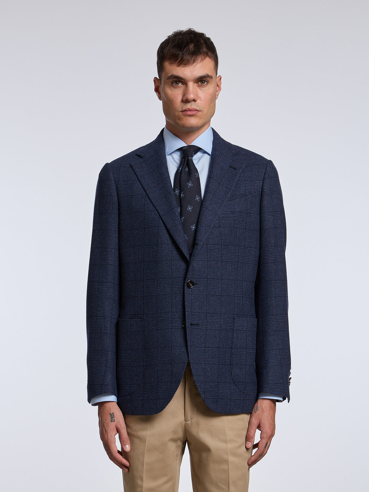 SINGLE-BREASTED "PRINCE OF WALES" WOOL/CASHMERE JACKET - BLUE