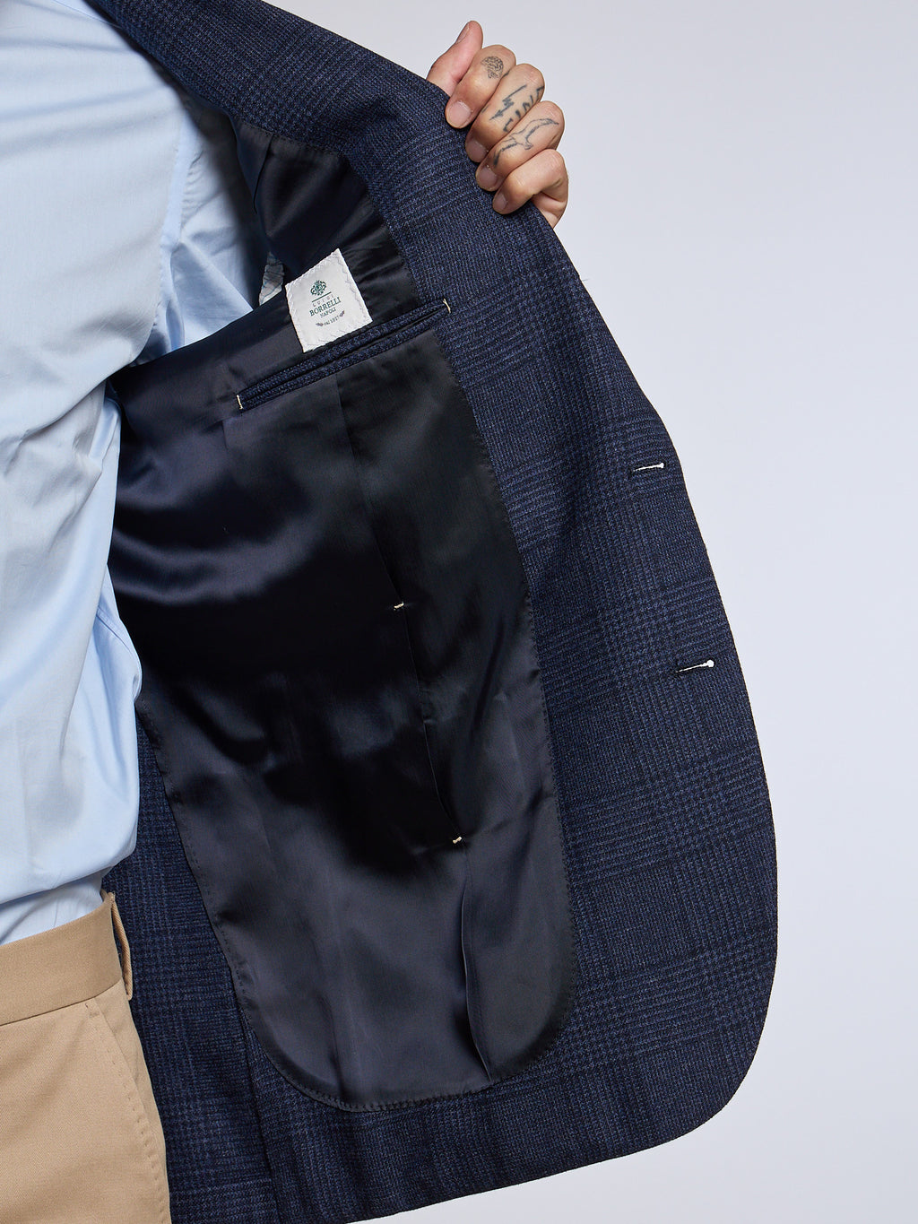 SINGLE-BREASTED "PRINCE OF WALES" WOOL/CASHMERE JACKET - BLUE