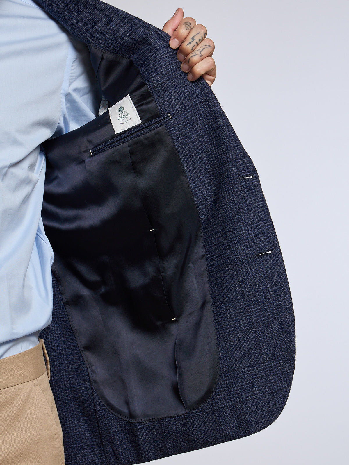 SINGLE-BREASTED "PRINCE OF WALES" WOOL/CASHMERE JACKET - BLUE