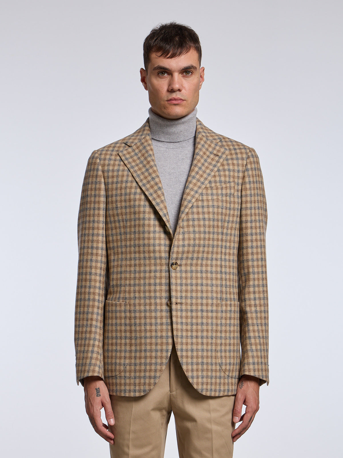 SINGLE-BREASTED CHECKED WOOL BLEND JACKET - BEIGE/BROWN/BLUE