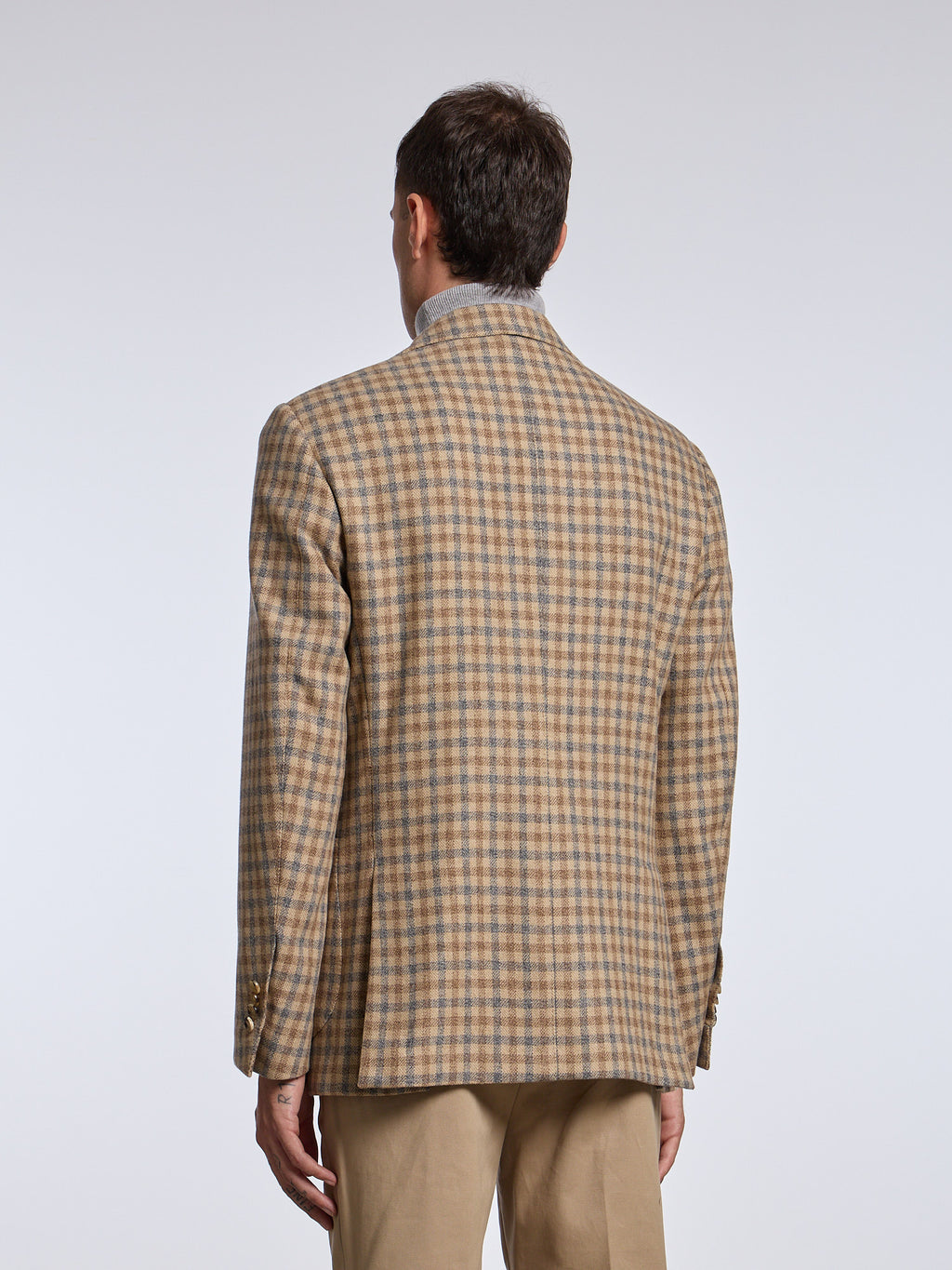 SINGLE-BREASTED CHECKED WOOL BLEND JACKET - BEIGE/BROWN/BLUE