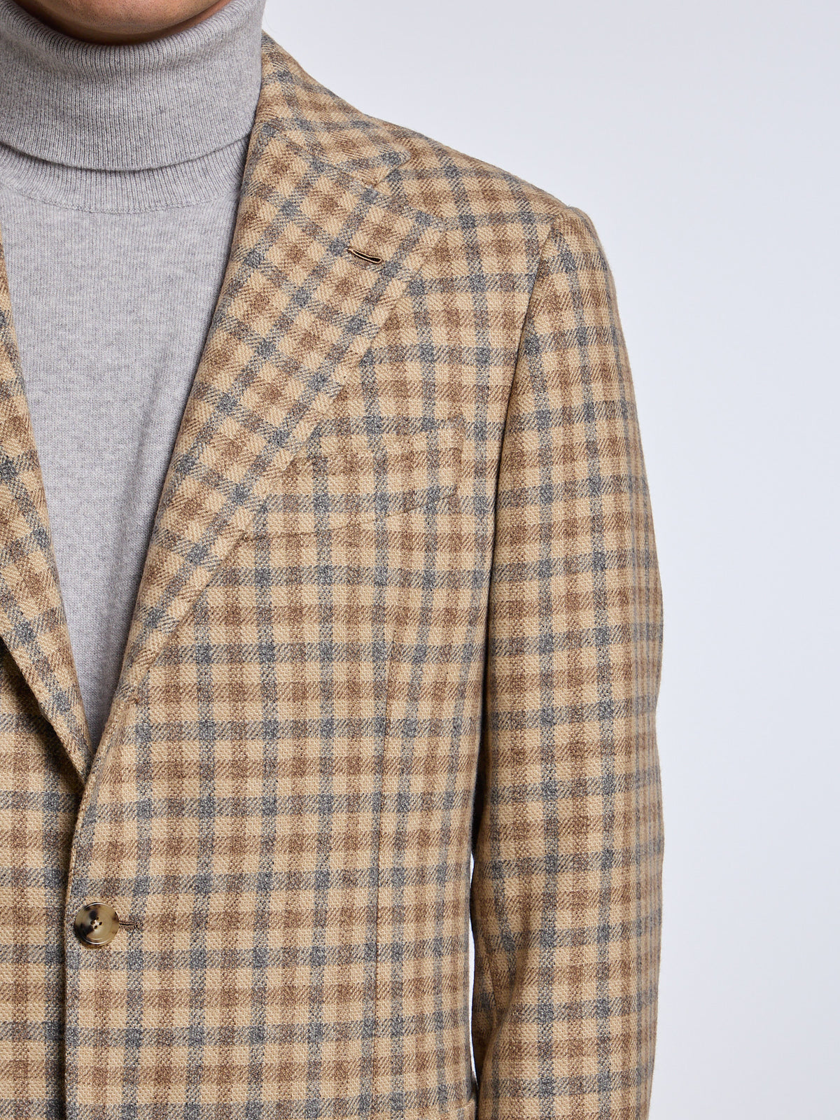 SINGLE-BREASTED CHECKED WOOL BLEND JACKET - BEIGE/BROWN/BLUE