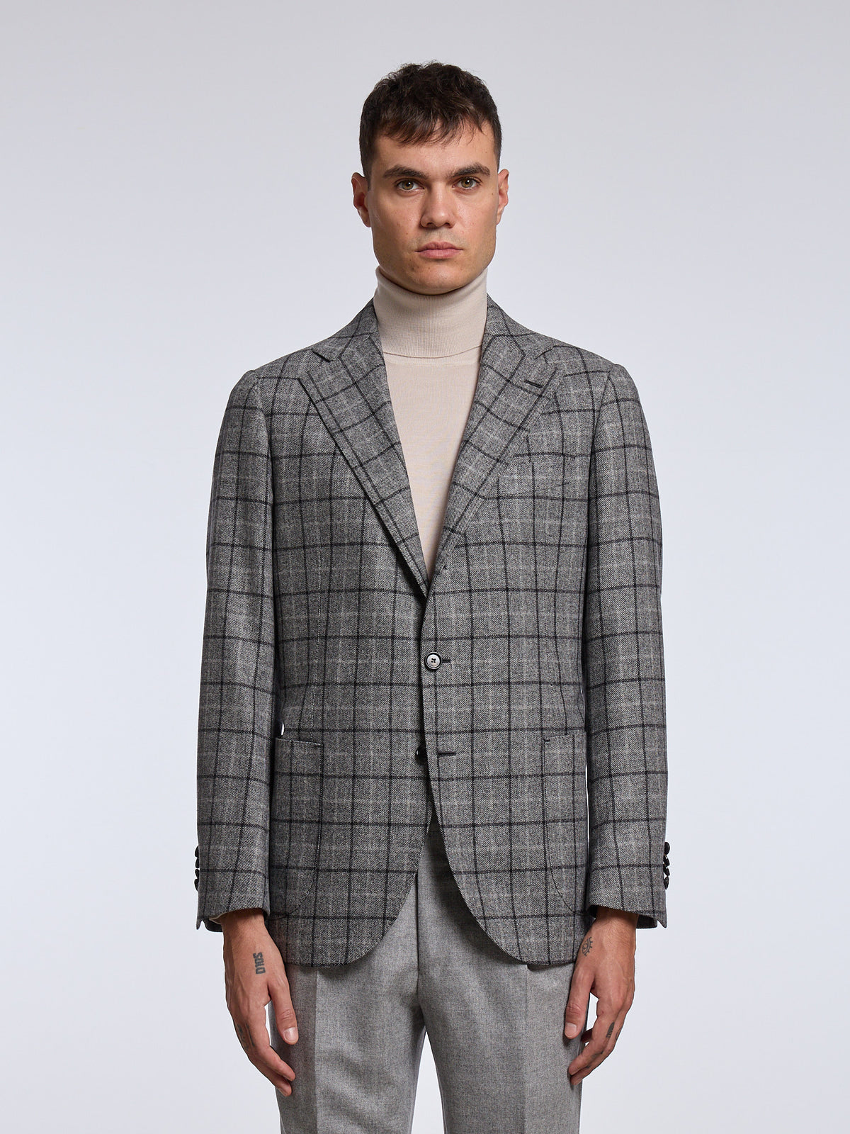 SINGLE-BREASTED CHECKED WOOL/CASHMERE JACKET - GREY