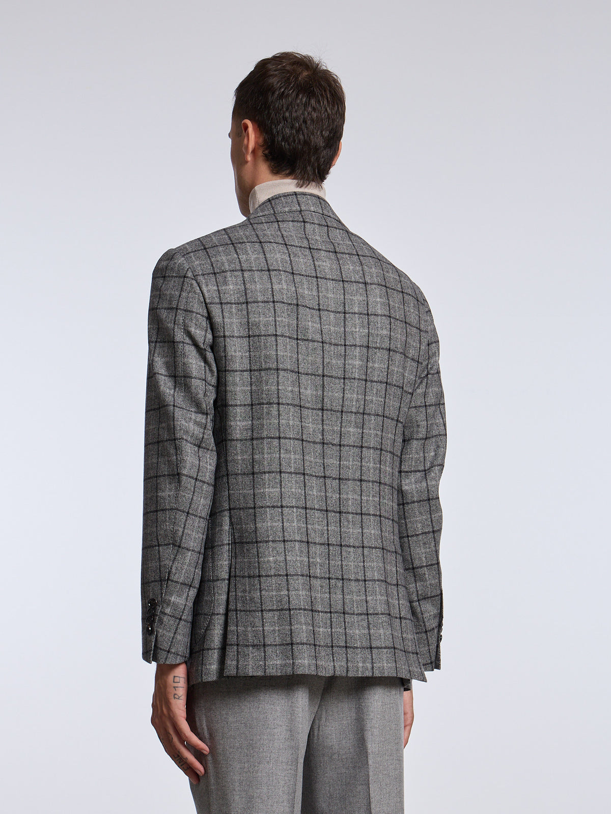 SINGLE-BREASTED CHECKED WOOL/CASHMERE JACKET - GREY