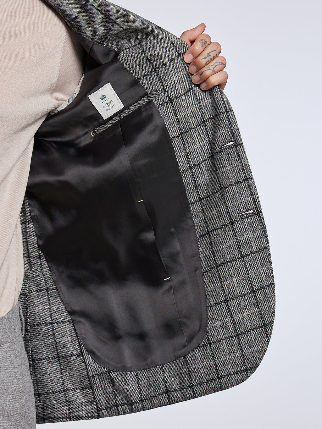 SINGLE-BREASTED CHECKED WOOL/CASHMERE JACKET - GREY