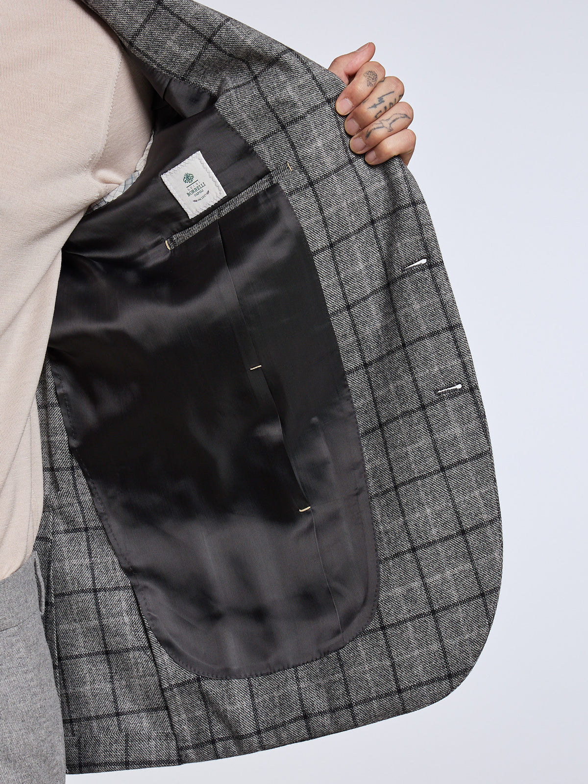 SINGLE-BREASTED CHECKED WOOL/CASHMERE JACKET - GREY